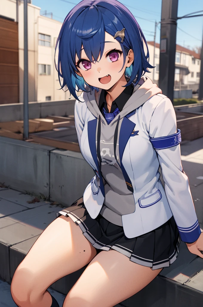 masterpiece, best quality, highres, 1girl, solo, grey hoodie, fang, blue hair, skin fang, blazer, short hair, white jacket, (mole on thigh:0.8), bangs, black skirt, hair behind ear, black socks, collared shirt, purple eyes, pleated skirt, armband, mole, hair ornament, open mouth, outdoors, smile, 