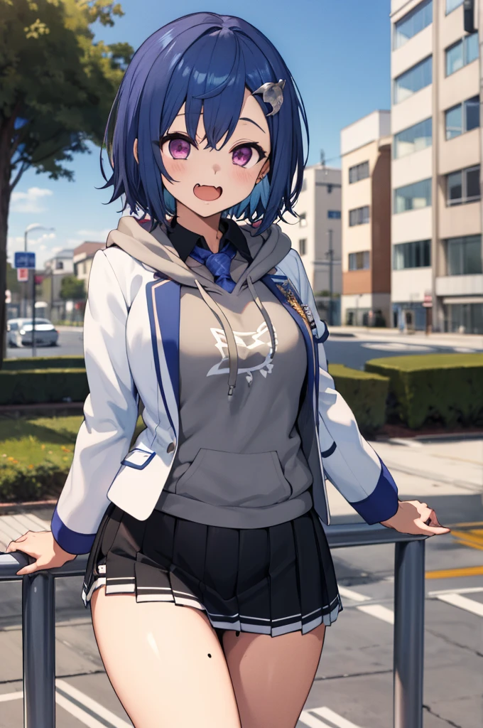 masterpiece, best quality, highres, 1girl, solo, grey hoodie, fang, blue hair, skin fang, blazer, short hair, white jacket, (mole on thigh:0.8), bangs, black skirt, hair behind ear, black socks, collared shirt, purple eyes, pleated skirt, armband, mole, hair ornament, open mouth, outdoors, smile, 