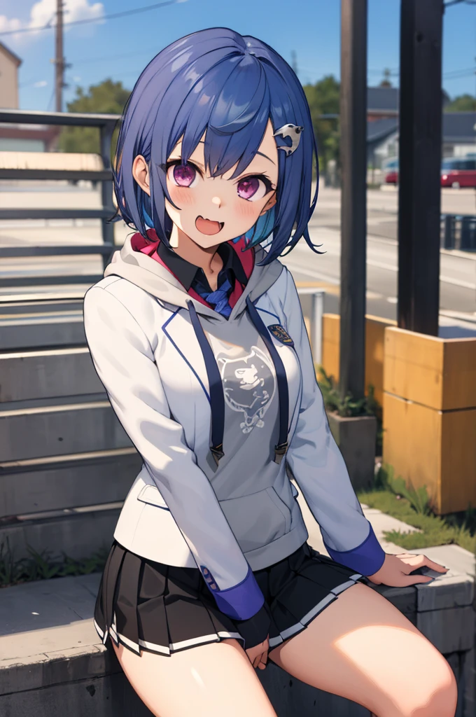 masterpiece, best quality, highres, 1girl, solo, grey hoodie, fang, blue hair, skin fang, blazer, short hair, white jacket, (mole on thigh:0.8), bangs, black skirt, hair behind ear, black socks, collared shirt, purple eyes, pleated skirt, armband, mole, hair ornament, open mouth, outdoors, smile, 