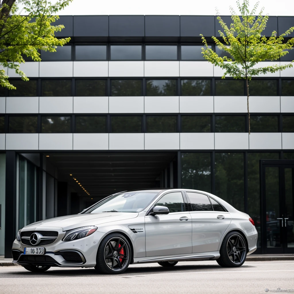 Best quality, Mercedes e63 amg sedan without license plates stands alone among black people in the city of Moscow