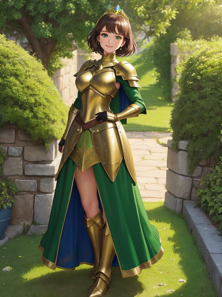 masterpiece, best quality:1.2), 1girl, smile, looking at viewer, green eyes, short brown hair, princess, armor, , pauldrons, armored dress, green cloak cape, wearing puffy blue ballgown skirt, golden tiara with green gem, armored boots, fingerless gloves, standing in medieval garden

