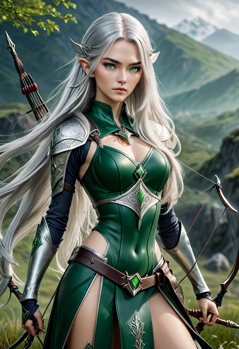 (master piece), 8k, best quality, panoramic view, full body view, with slightly flushed white skin, subtly contrasting with her long, silver hair. Her body was slender and athletic, with a height of 168cm that gave her a natural elegance. Her green eyes, conservatively detailed warrior outfit, holding the war bow with rune writing