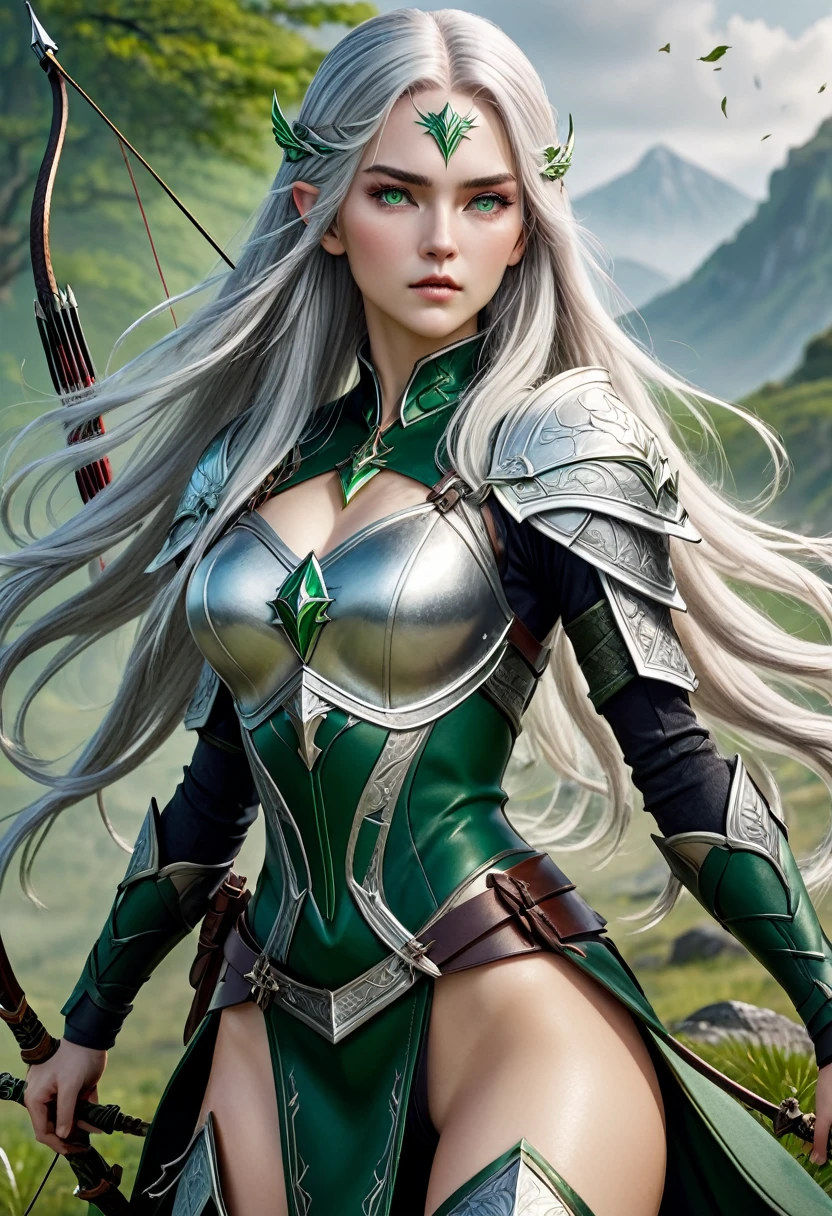 (master piece), 8k, best quality, panoramic view, full body view, with slightly flushed white skin, subtly contrasting with her long, silver hair. Her body was slender and athletic, with a height of 168cm that gave her a natural elegance. Her green eyes, conservatively detailed warrior outfit, holding the war bow with rune writing