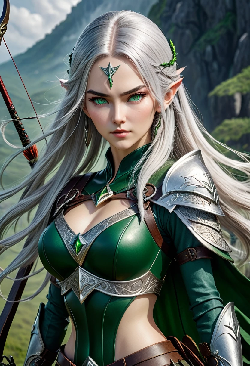 (master piece), 8k, best quality, panoramic view, full body view, with slightly flushed white skin, subtly contrasting with her long, silver hair. Her body was slender and athletic, with a height of 168cm that gave her a natural elegance. Her green eyes, conservatively detailed warrior outfit, holding the war bow with rune writing