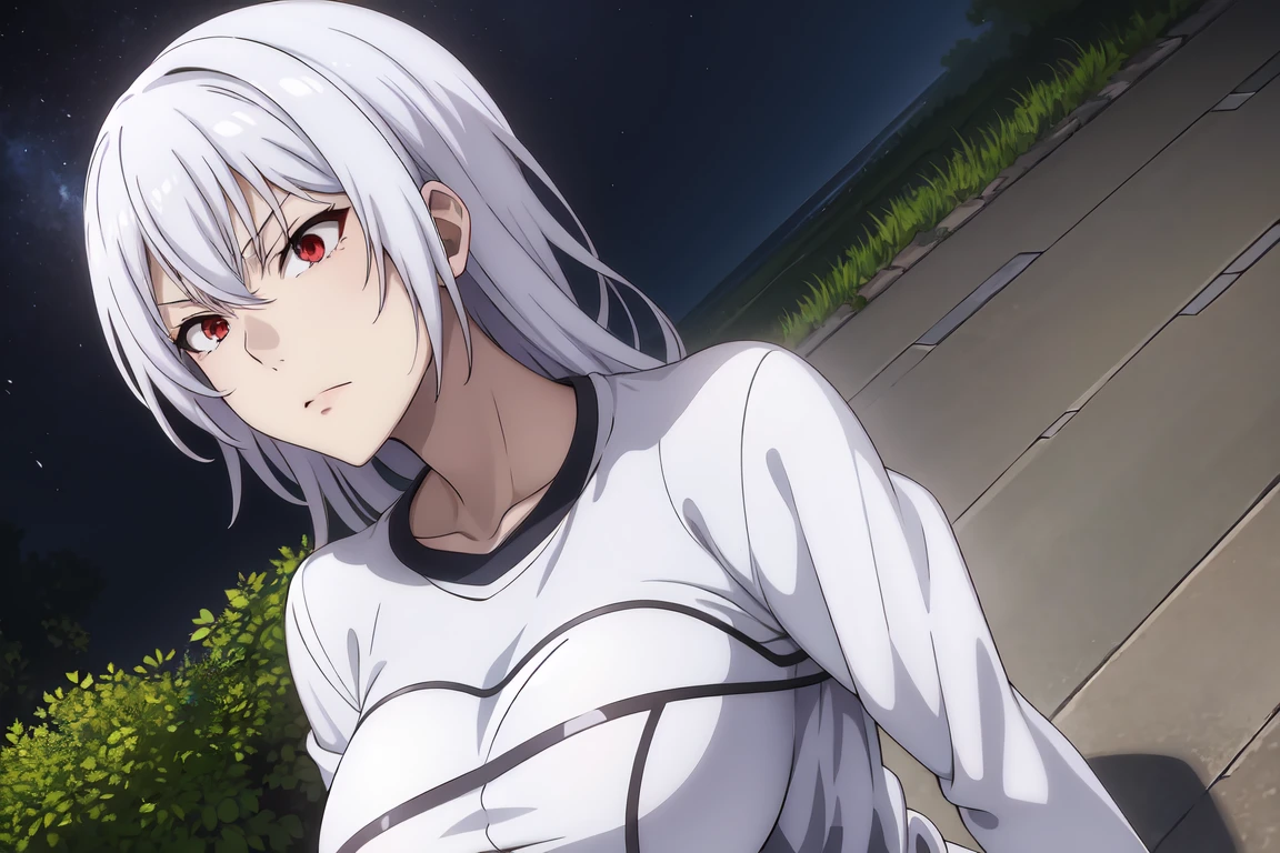 red eyes, accelerator (toaru majutsu no index), white hair, shirt, girl:1.3, massive breasts, outdoors, lake