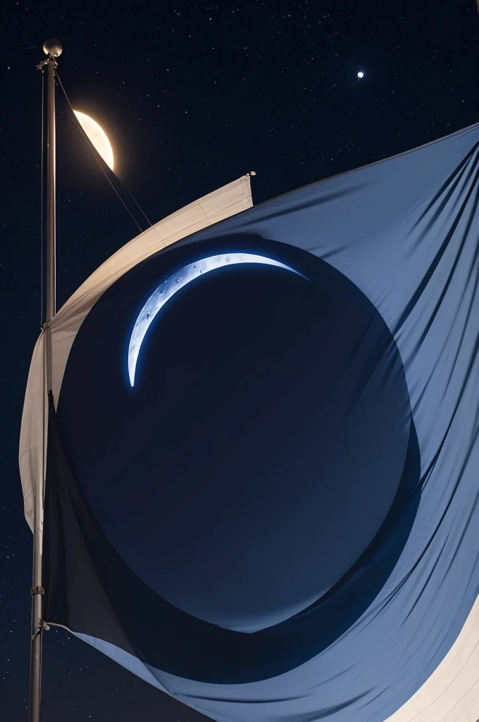 A dark blue flag with a moon in the middle with a glowing circle surrounding the moon, all are aspects of the flag
