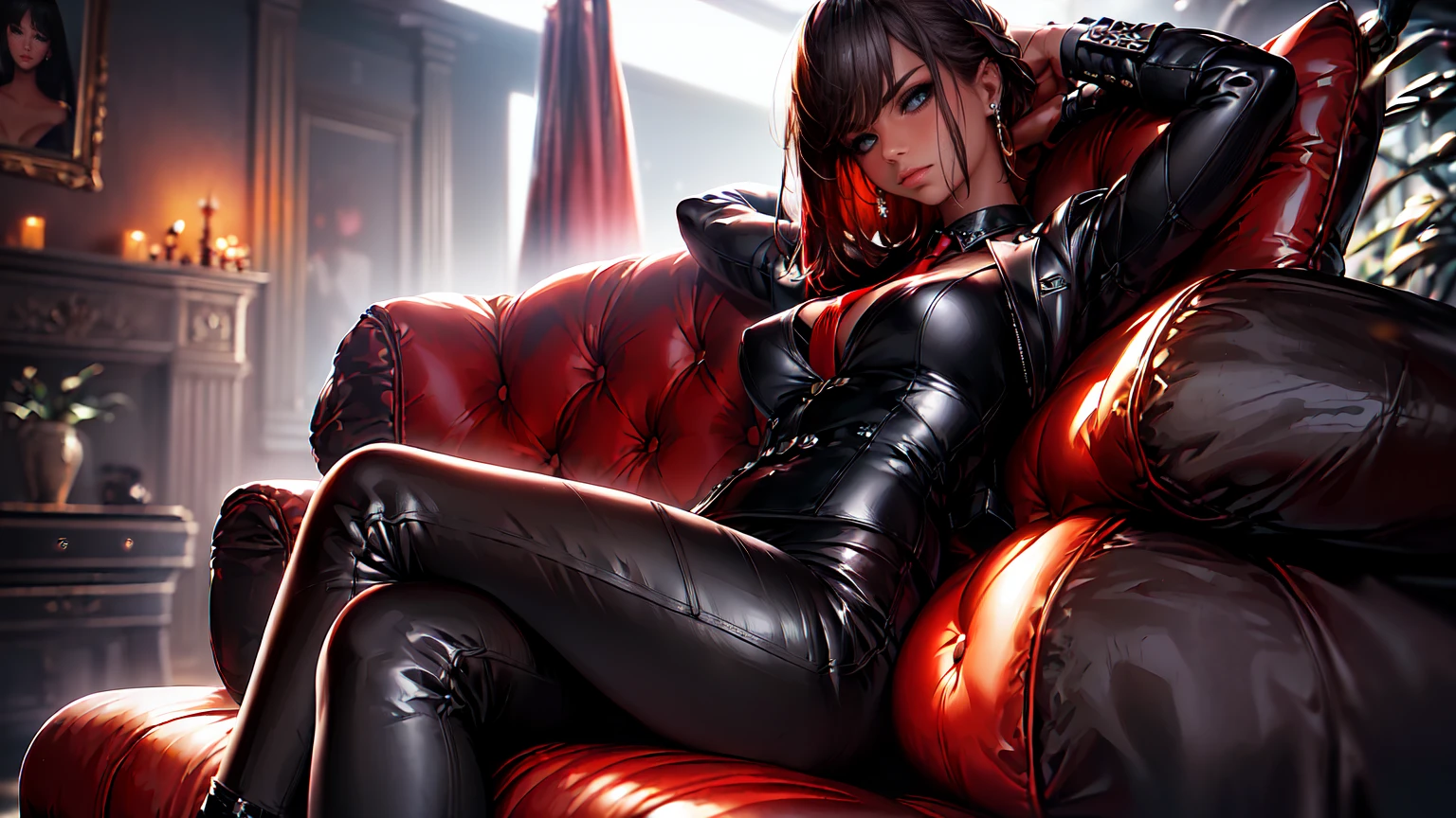 (Epic Showcase Designs in Detail)(Masterpiece, Best Quality, Ultra High Resolution , Digital Art,Beautiful and Aesthetic )Perfect proportions of the body , not an ordinary perspective . ( One Fashionable adult girl with a short oblique bob, slender figure, ) in modern suit in professional performance ,  long tie , (silk thick threads of red color connect the necklines on the sides of the whole suit) , . The character sits on a large massive leather  sofa  , an interesting and atmospheric pose ,( 2.5D style  . realistic anatomy , beautiful perspective . Best image quality , pastel color , focus on the face  , well detailed eyes , detailed background in modern boudoir style . )