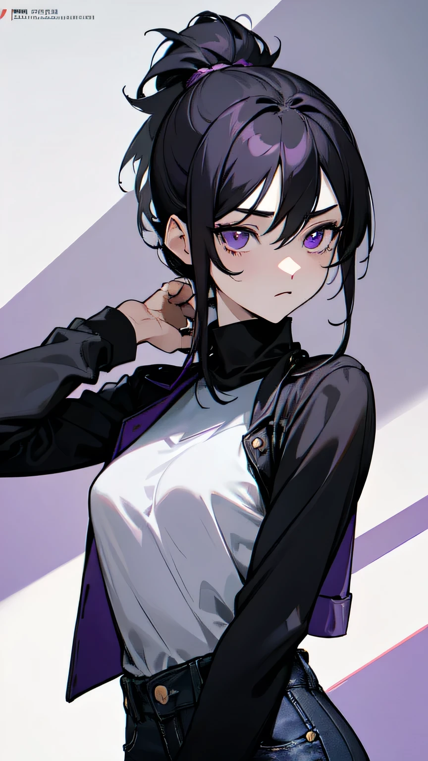 (masterpiece, Side lighting, finely detailed purple eyes: 1.2), ((Best quality)), (very detailed:1.3), Anime, character sheet, concert art, young girl, ((black turtleneck, without sleeves)), open jacket, (loose black denim pants), pale skin, (bored expression), long hair, ((black hair:1.3)), straight hair, hair between eyes, low ponytail, purple tattoo on left palm, scar on face, One, 1 girl,