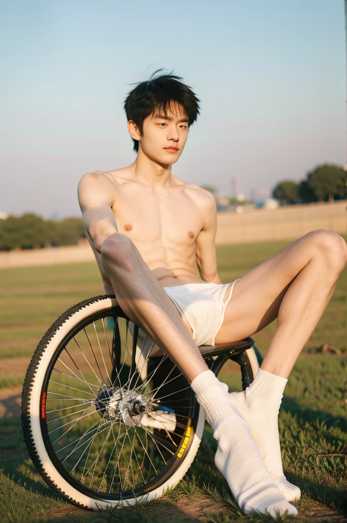 nansheng,1 boy, Solitary, topless, wear white thong underwaer,Socks and feet close-up,Male focus,sky空, outdoor, sky, Practical,Grass, Whole body, show abs,(The best shadow), Wheels within wheels, bright, Lens distortion correction,(The best shadow),Wheels within wheels, bright, Lens distortion correction