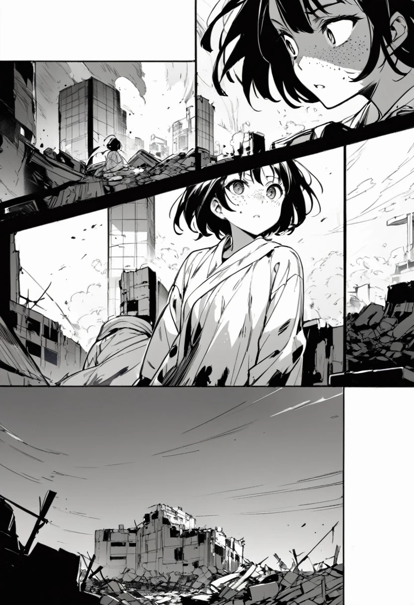best quality , monochrome, lineart, 1girl, injured, blood on cheek, short dark hair blowing in the wind, tan skin, freckles, flowing hospital gown , emotionless expression, staring into the distance, wide shot, background in ruins, oldest, comic