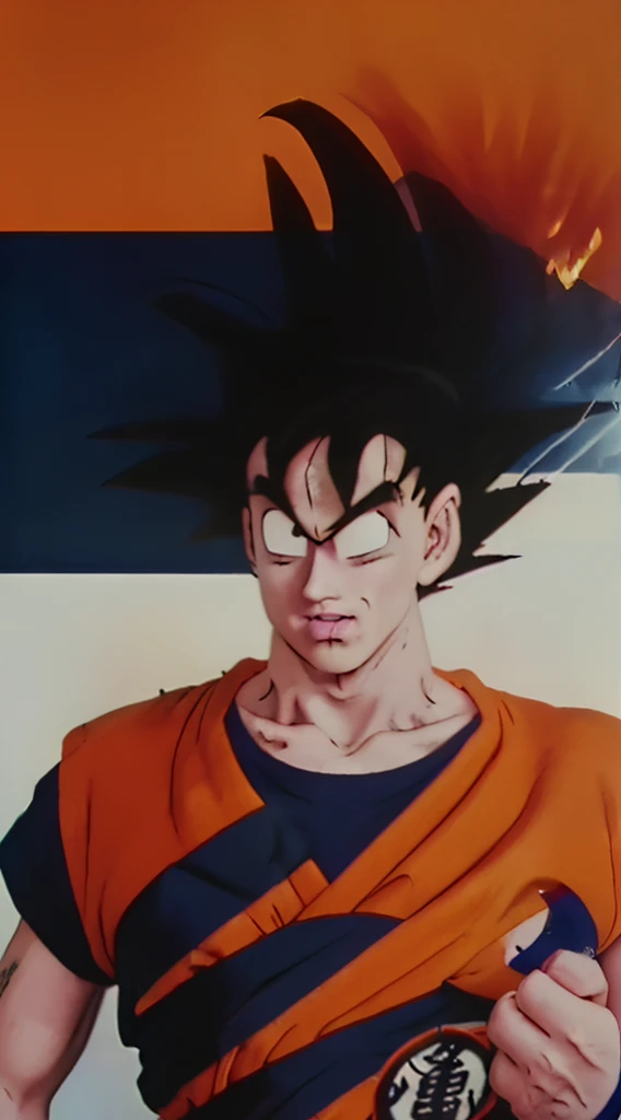 goku frizzy black hair wearing his orange dojôh over a navy blue dojôh,(((epicRERALISM)))