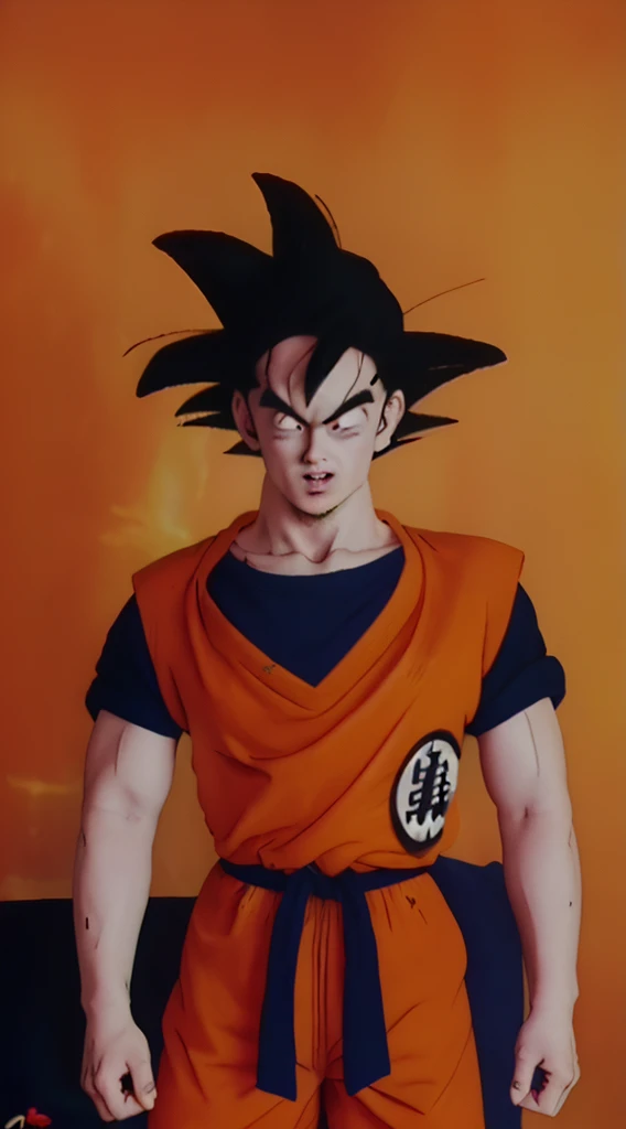 goku frizzy black hair wearing his orange dojôh over a navy blue dojôh,(((epicRERALISM)))