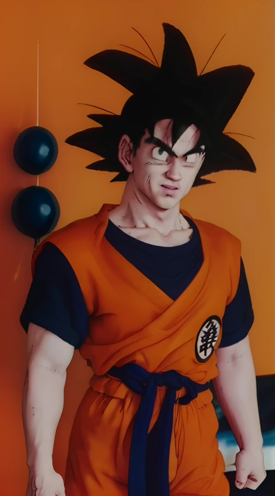 goku frizzy black hair wearing his orange dojôh over a navy blue dojôh,(((epicRERALISM)))