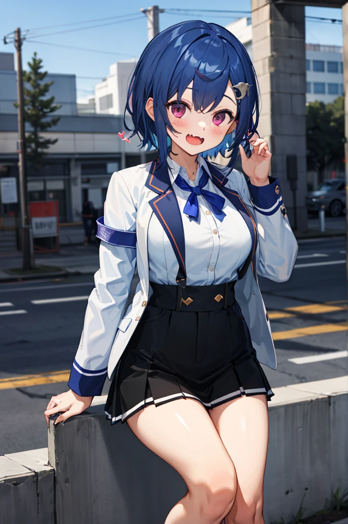 masterpiece, best quality, highres, 1girl, solo, white shirts,ribbon, fang, blue hair, skin fang, blazer, short hair, white jacket, (mole on thigh:0.8), bangs, black skirt, hair behind ear, black socks, collared shirt, purple eyes, pleated skirt, armband, mole, hair ornament, open mouth, outdoors, smile, (spoken heart),big breasts,blush