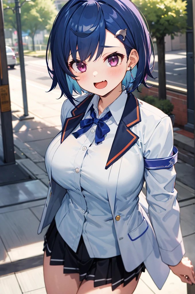 masterpiece, best quality, highres, 1girl, solo, white shirts,ribbon, fang, blue hair, skin fang, blazer, short hair, white jacket, (mole on thigh:0.8), bangs, black skirt, hair behind ear, black socks, collared shirt, purple eyes, pleated skirt, armband, mole, hair ornament, open mouth, outdoors, smile, (spoken heart),big breasts,blush