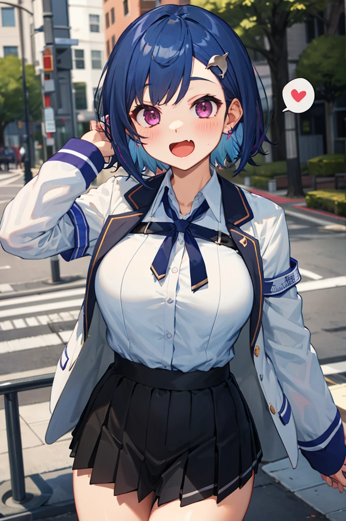 masterpiece, best quality, highres, 1girl, solo, white shirts,ribbon, fang, blue hair, skin fang, blazer, short hair, white jacket, (mole on thigh:0.8), bangs, black skirt, hair behind ear, black socks, collared shirt, purple eyes, pleated skirt, armband, mole, hair ornament, open mouth, outdoors, smile, (spoken heart),big breasts,blush