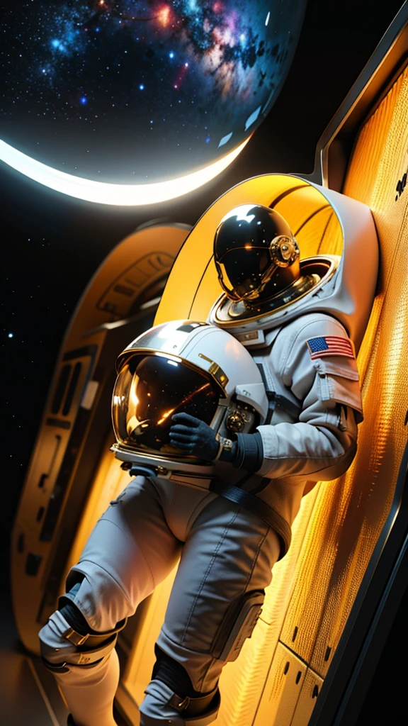 a lonely astronaut in the absolute void of space, cinematic lighting, dramatic composition, highly detailed, hyper realistic, 8k, photorealistic, volumetric lighting, realistic shading, dramatic shadows, photographic, chiaroscuro lighting, deep space background, stars, nebulae, cinematic pose, astronaut suit with detailed textures, detailed face and expression, penetrating gaze, epic, masterpiece