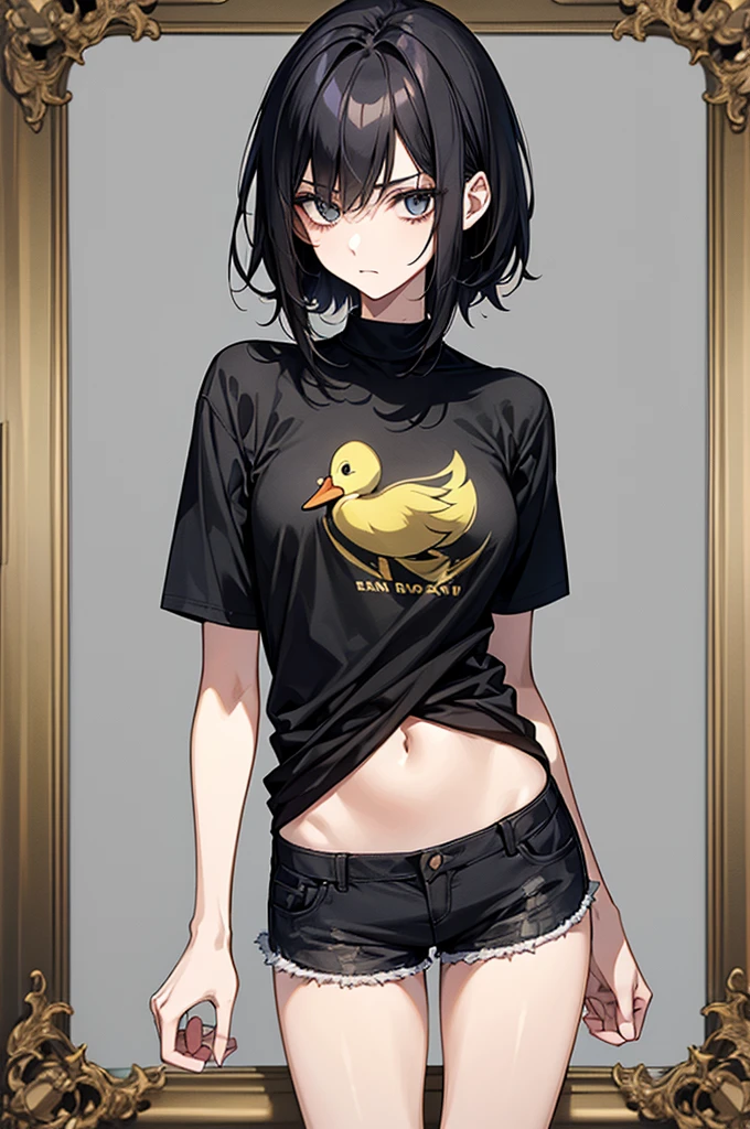 a young woman of short stature, with 1,45m high, and slim, slender body. His black hair is short and messy, framed by a face with deep, dark eyes. She usually wears simple and comfortable clothes, like a white shirt with a duck printed on the chest, light green-blue shorts and black flip-flops.