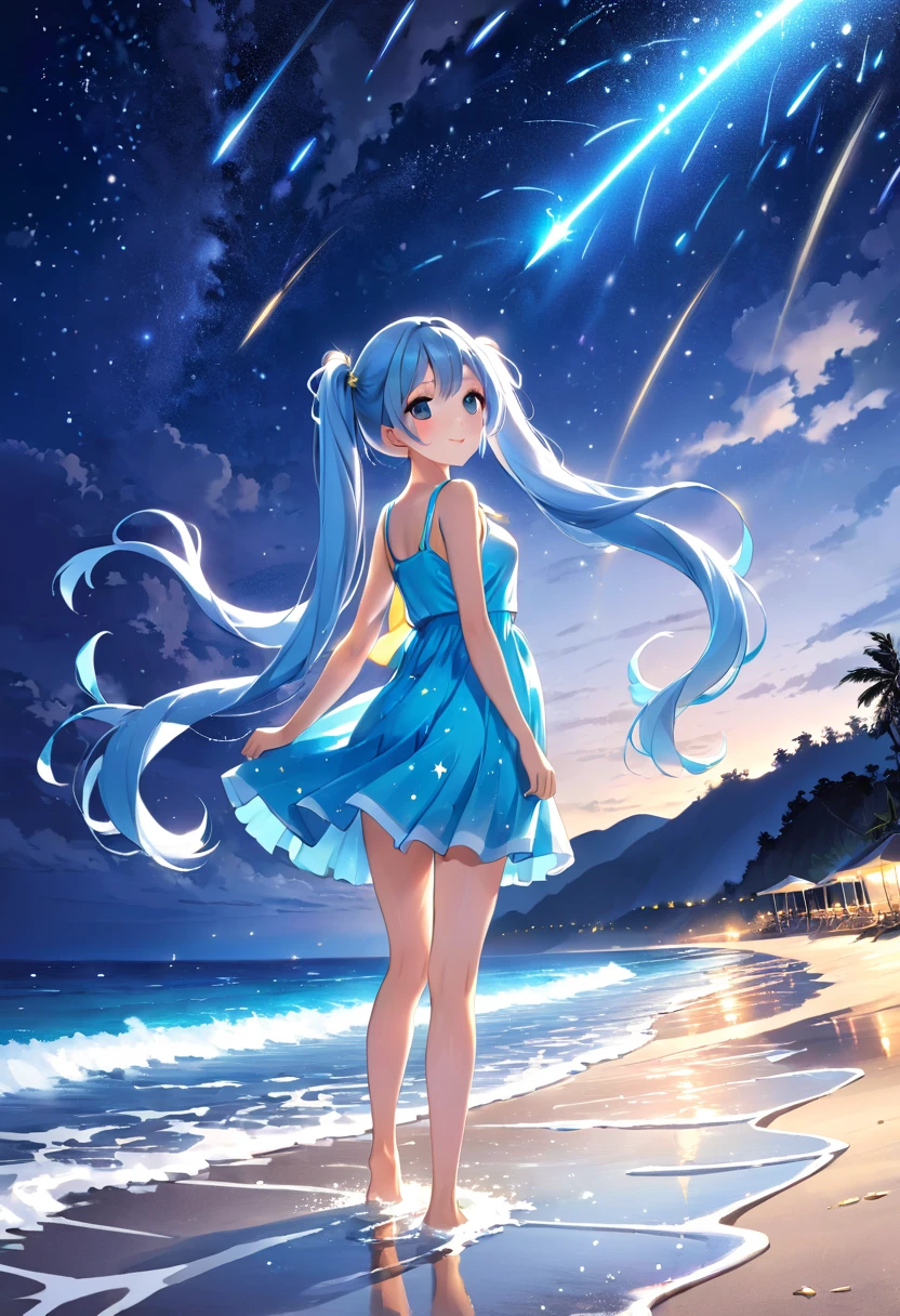 Night sky beach、Lots of shooting stars、Light blue long hair、Beautiful girl with twin tails、White long dresoonlit Night