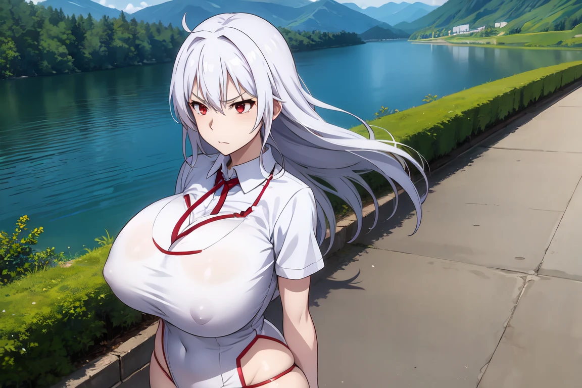 red eyes, accelerator (toaru majutsu no index), white hair, shirt, girl:1.3, massive breasts, wide hips, outdoors, lake