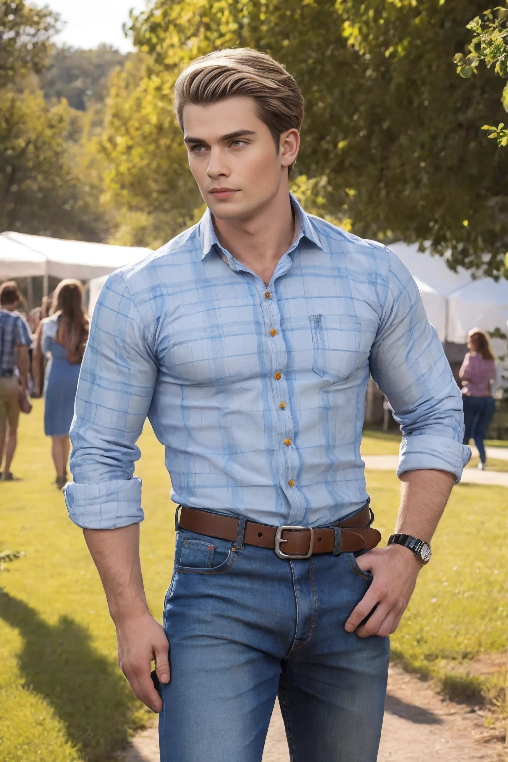Nicholas Galitzine, ((masterpiece)), ((best quality:1.2)), High Resolution, 8k, male focus, (ultra_realistic:1.3), (photorealistic:1.4), Nicholas Galitzine, ((masterpiece)), ((best quality:1.2)), realistic, muscular, manly, ((wearing a tight blue and white flannel shirt:1.3)), ((with (two buttons undone) and (sleeves rolled up to his elbows):1.4)), (he is wearing denim jeans), with belt:1.4), (bulge in jeans), outdoors, looking at viewer, HDR, 8K, absurdres, perfect, intricate detail, cinematic, depth of field, raw photography, clean shaven, hazel eyes, styled blonde hair, solo, 1boy, ((looking at viewer:1.3))
