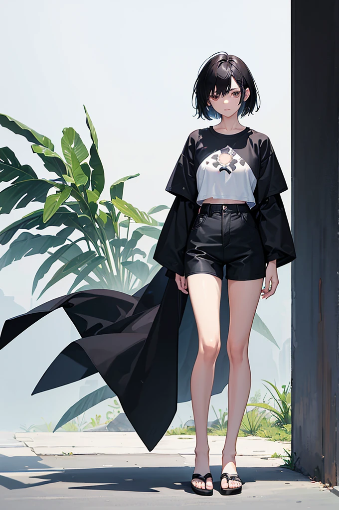 a young woman of short stature, with 1,45m high, and slim, slender body. His black hair is short and messy, framed by a face with deep, dark eyes. She usually wears simple and comfortable clothes, like a white shirt with a duck printed on the chest, light green-blue shorts and black flip-flops.