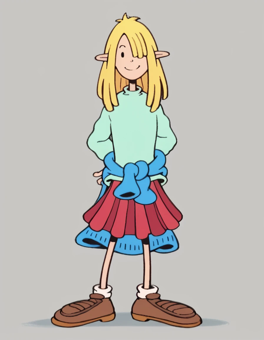 nickyp, blonde hair, 1girl, long hair, pointy ears, solo, shirt, jacket around waist, red skirt, elf, teal sweater, long sleeves, hair over one eye, shoes, smile,looking at viewer,arms behind back, score_9, score_8_up, score_7_up, score_6_up,toon \(style\),simple background,