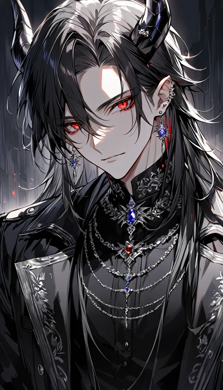 alone, good looking, 1 male, Long hair, Middle parted hair, Black hair, Red eyes, Black shirt, White Thailand, Black Trench Coat, Royal Silver Jewellery, Royal Demon Earrings, Black horns, Front Facing