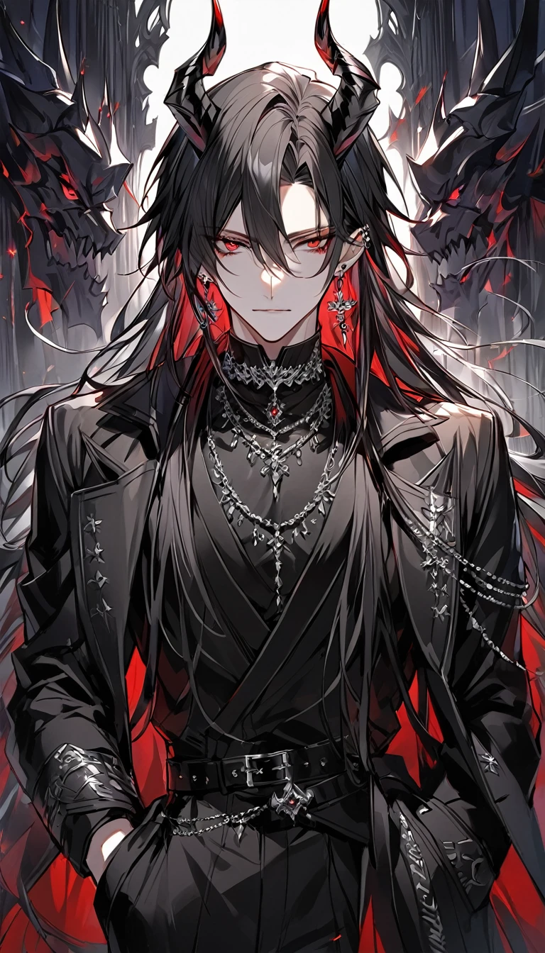 alone, good looking, 1 male, Long hair, Middle parted hair, Black hair, Red eyes, Black shirt, White Thailand, Black Trench Coat, Royal Silver Jewellery, Royal Demon Earrings, Black horns, Front Facing