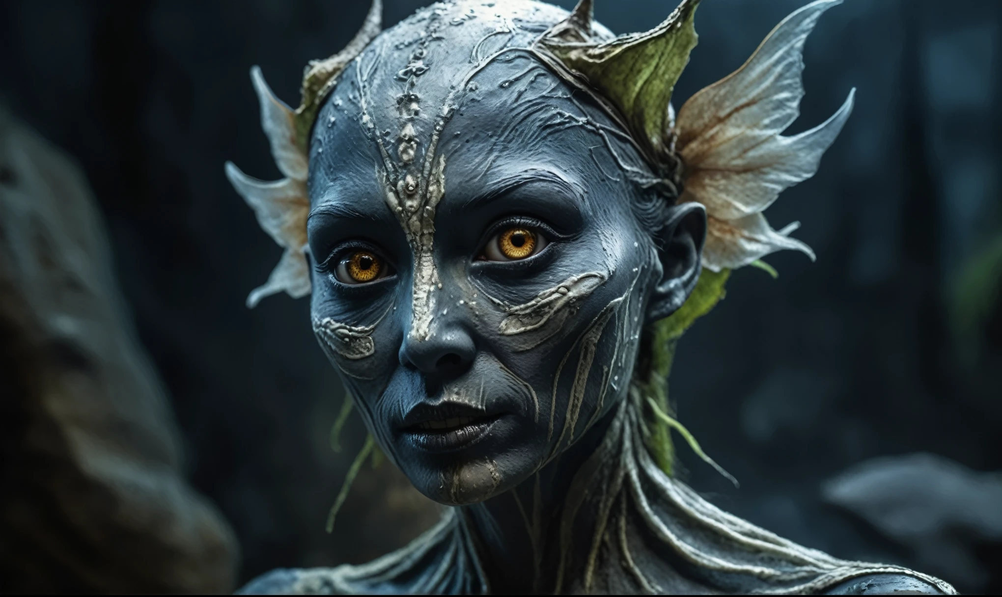 Magical plant ghost flower, ghost flower,carismatic，Incredible，terror ,extremely detailed,intricate details,eyes extremely detailed, high detailed eyes,16k resolution, realistic humid skin,extremely intricate details,Epic Realistic,face anatomically correct,Ultra HD,HDR, natural skin textures, hyper realism,realistic skin texture, hyper detailed,extremely Realism,Ultra Detailed,body logically correct,full body length shot,beggar graphite Manganite sparas, wants eat,survival in criminal city of future,Cinematic,soft colors, Technicolor,natural skin textures, hyper realism, hyper detailed,Extremely detailed,High contrast,Masterpiece,Realistic,Ultra Detailed, intricate details,realistic humid leather,extremely intricate,Epic Realistic, cinematic style,irina yermolova,high contrast,hdr,extremely detailed, [deep night landscape],masterpiece,intricate details,faded,eyes extremely detailed, high detailed eyes,16k resolution,RAW,retina, Nikon Z9,China,Songbird,orc, Guangxi Zhuang of China,tkt style, Pisces, perfect, ginger，transition between two art styles, Ink painting to photorealism, Double contact, X-ray, Creative, vivid light, masterpiece, fantasy, Abstract, Surrealism, super detailed, high resolution, stop:35,(((creature with a spectral and ghostly appearance)). Her skin is pale, almost translucent.wears dark, ancient rock paintings of the first people,of sharkfish's leather