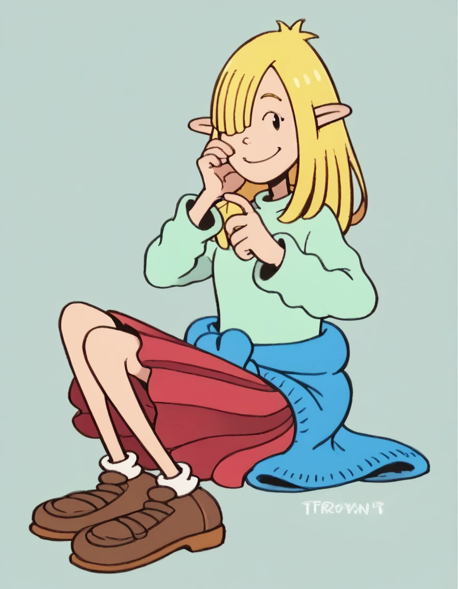 nickyp, blonde hair, 1girl, long hair, pointy ears, solo, shirt, jacket around waist, red skirt, elf, teal sweater, long sleeves, hair over one eye, shoes, smile,looking at viewer,sitting,hand on own face, score_9, score_8_up, score_7_up, score_6_up,toon \(style\),simple background,