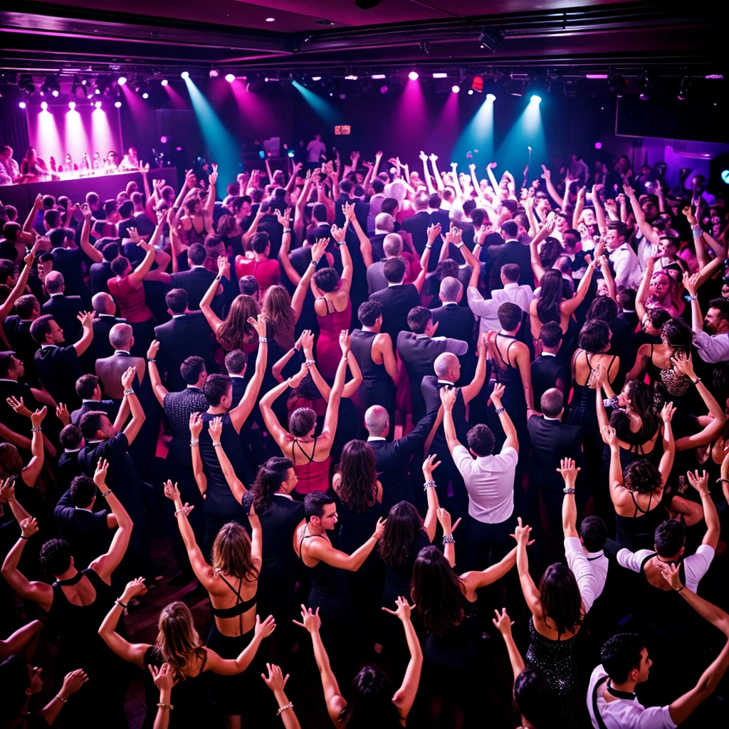 Nightclub cool party a lot of rich people dancing in beautiful clothes