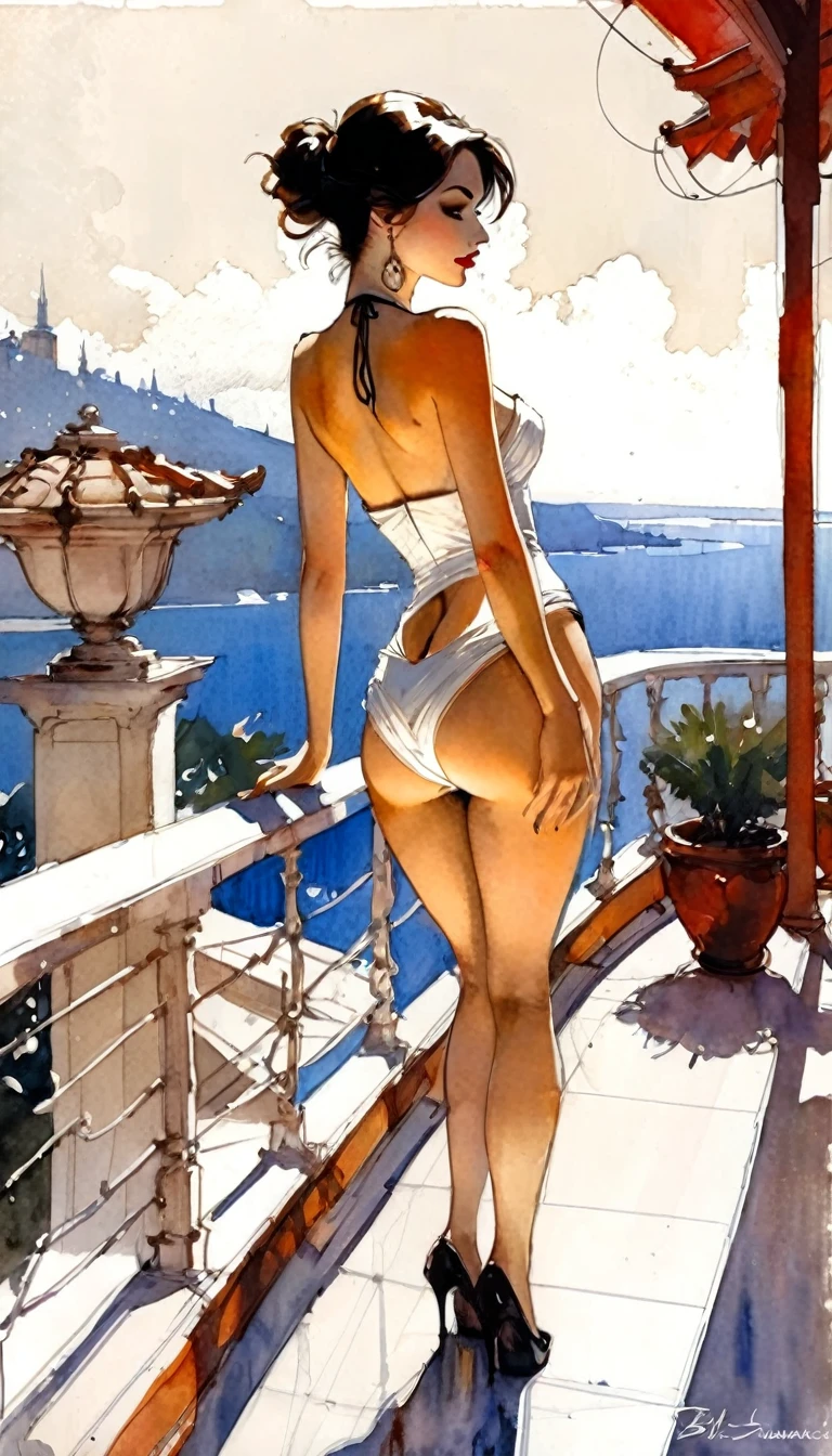 A sexy and elegant woman, on a terrace with a beautiful view, tmari, sketch, traditional media, pen drawing, white background (art inspired by Bill Sienkiewicz). oil painting)