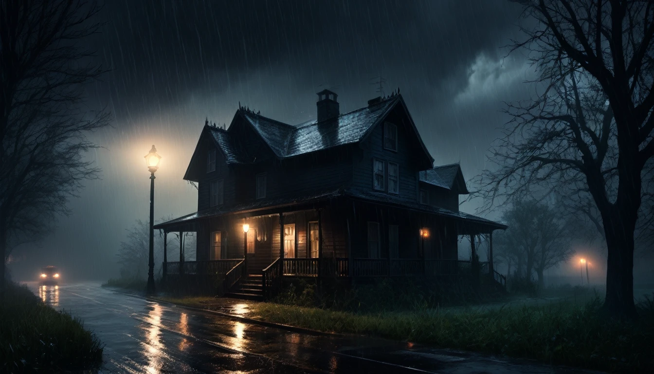 A scary horror image, a dark and rainy night,the kind where the night swallowed the light ,PICTURE REALISTIC, high resolution, 8K 