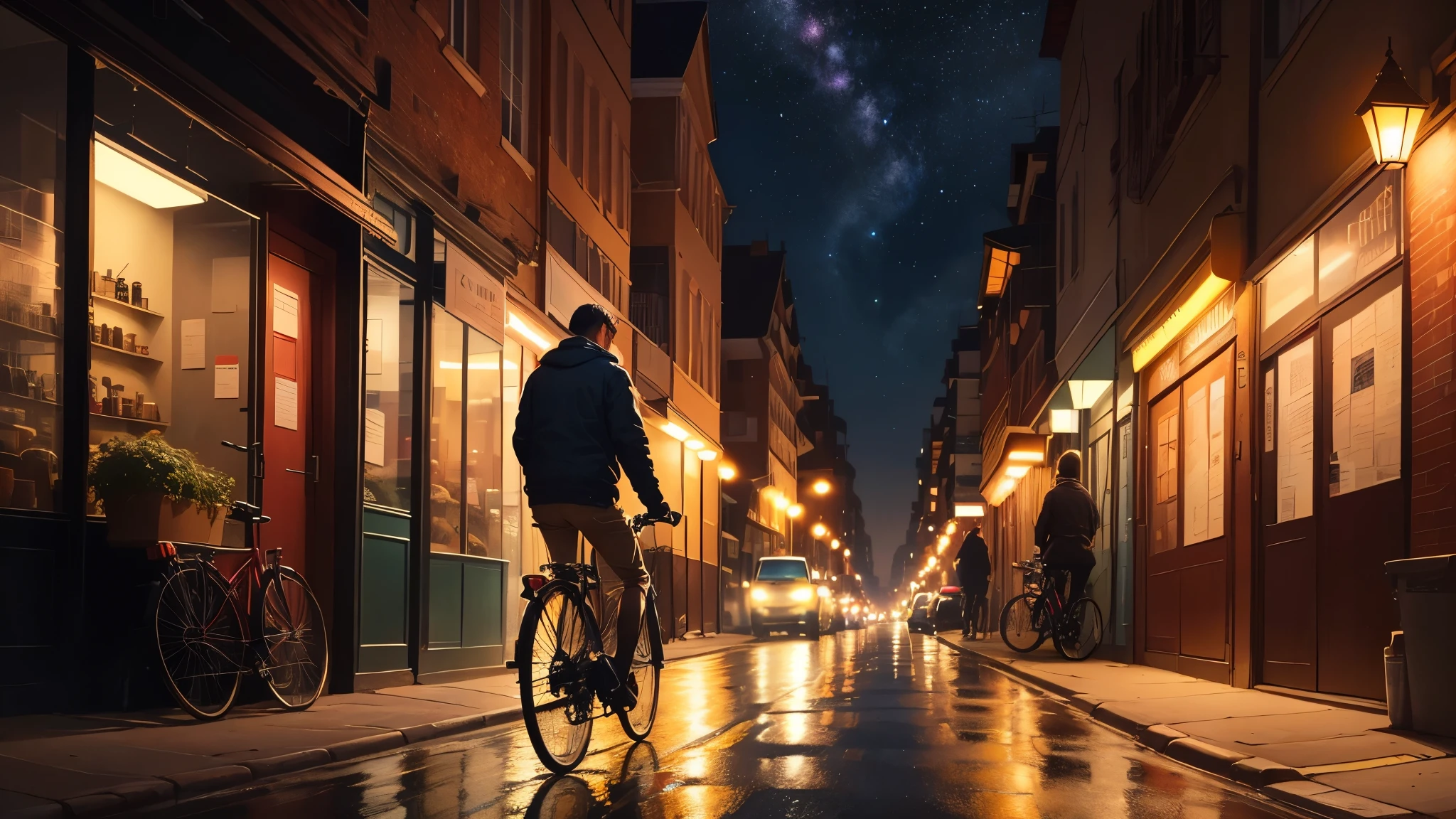 A serene cityscape at dawn with a young man biking to work, greeting friends and colleagues warmly. At midday, he shares laughs and coffee with coworkers. As evening falls, he walks alone on empty streets, bathed in twilight, his expression contemplative. The city lights cast a soft glow, reflecting his quiet sorrow. Stars twinkle above, and he moves forward, hoping to find solace. The painting captures the contrast between his cheerful mornings and solitary nights, emphasizing his journey through daily life and inner loneliness.