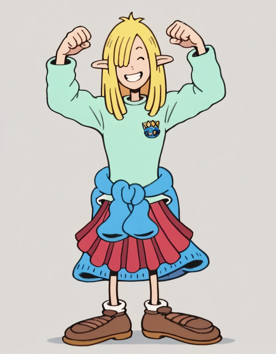 nickyp, blonde hair, 1girl, long hair, pointy ears, solo, shirt, jacket around waist, red skirt, elf, teal sweater, long sleeves, hair over one eye, shoes, smile,looking at viewer,arms up,cheering, score_9, score_8_up, score_7_up, score_6_up,toon \(style\),simple background,
