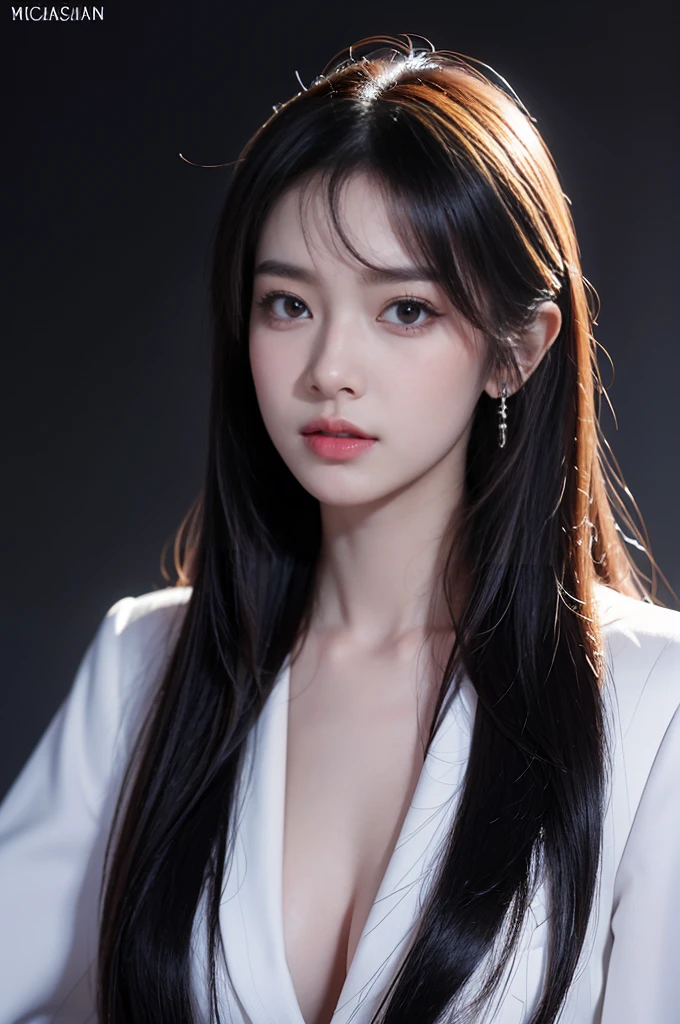 tmasterpiece，Best quality at best，A high resolution，8K，((Portrait))，(Head close-up)，Original photo，real photograph，digital photography，(The queen of the modern world)，(Female president)，20-year-old girl，straight long hair，By bangs，The amount of hair  amazing，red eyelack hair)，Big breasts，Chest groove， accessories，cparted lips，Keep your mouth shuegant and charming，Serious and arrogant，Calm and handsome，(Women's professional wear，Black)，Photo pose，Realisticstyle，greybackground，oc render reflection texture