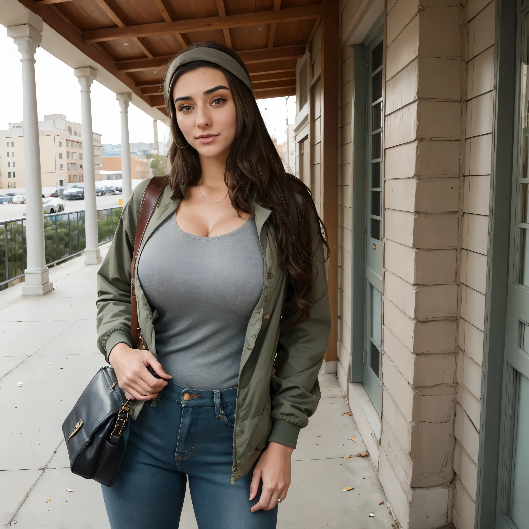 Extremely busty thin and toned brunette photographer, college girl, fair skin, loose side sweep, soft face, athletic, bandana babushka headwrap, tight olive green casual windbreaker, skinny jeans. standing in front of her apartment building, outdoors, city, camera bag, cleavage 
