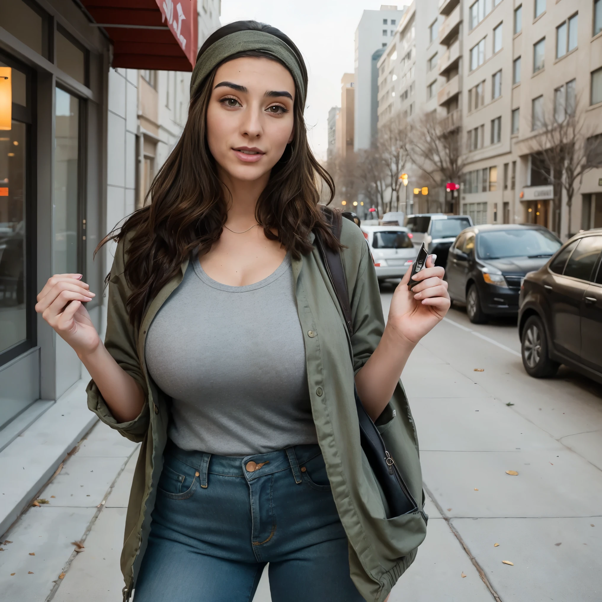 Extremely busty thin and toned brunette photographer, college girl, fair skin, loose side sweep, soft face, athletic, bandana babushka headwrap, tight olive green casual windbreaker, skinny jeans. standing in front of her apartment building, outdoors, city, camera bag, cleavage
