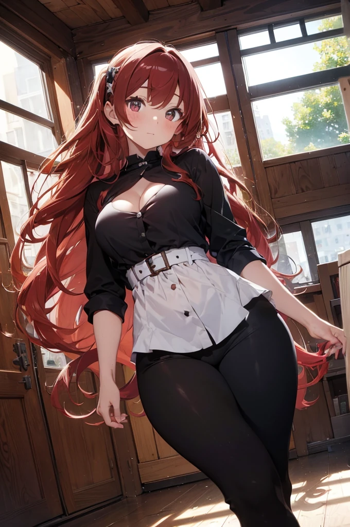 ((best quality)), ((masterpiece)) 1 German girl with long, curly red hair and a Caucasian girl with a curved body and a height of 1.62 meters, wearing a black blouse and pants and a wedding ring