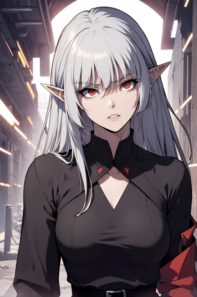 alice,vampire,grey hair, long hair, red eyes, pointy ears, small breasts,4k, raw camera, highres, detailed, masterpiece, portrait, aesthetic, beautiful, best quality, highly detaile, best quality clothing, aesthetic clothings, professional angle, rule of thirds, Feminine, delicate, beautiful, 19 years, attractive, solo, 1 girl, (Akame), (In the Abandoned warehouse), (Upper Body ), ((From Front)), (Night), ((Serious)), (Very Long Hair,  Very Straight Hair, Irregular Fringe, loose hair Hair, - in hair), (Open Eyes, , Natural Eyes, Impetuous Gaze Gaze), Light Skin, (Standing), ((-)), -, -, (Closed Mouth), (Natural Lips), (Average Bust), ((Arms Down)), ((Black one-piece dress with armhole sleeves), Mini black skirt, Red Belt with protector on the left side, red Tie, (High quality Clothing), ( Neckline)), beautiful body, beautiful eyes, shiny eyes, shiny hair, beautiful mouth, beautiful lips, beautiful face
