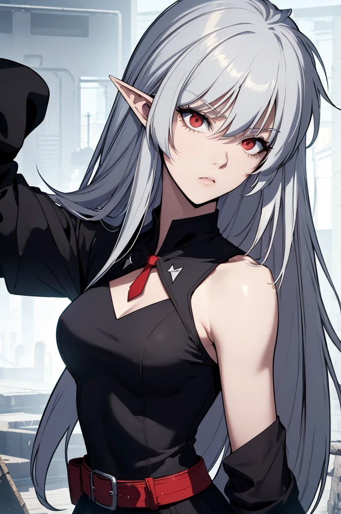 alice,vampire,grey hair, long hair, red eyes, pointy ears, small breasts,4k, raw camera, highres, detailed, masterpiece, portrait, aesthetic, beautiful, best quality, highly detaile, best quality clothing, aesthetic clothings, professional angle, rule of thirds, Feminine, delicate, beautiful, 19 years, attractive, solo, 1 girl, (Akame), (In the Abandoned warehouse), (Upper Body ), ((From Front)), (Night), ((Serious)), (Very Long Hair,  Very Straight Hair, Irregular Fringe, loose hair Hair, - in hair), (Open Eyes, , Natural Eyes, Impetuous Gaze Gaze), Light Skin, (Standing), ((-)), -, -, (Closed Mouth), (Natural Lips), (Average Bust), ((Arms Down)), ((Black one-piece dress with armhole sleeves), Mini black skirt, Red Belt with protector on the left side, red Tie, (High quality Clothing), ( Neckline)), beautiful body, beautiful eyes, shiny eyes, shiny hair, beautiful mouth, beautiful lips, beautiful face
