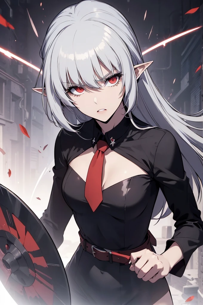 alice,vampire,grey hair, long hair, red eyes, pointy ears, small breasts,4k, raw camera, highres, detailed, masterpiece, portrait, aesthetic, beautiful, best quality, highly detaile, best quality clothing, aesthetic clothings, professional angle, rule of thirds, Feminine, delicate, beautiful, 19 years, attractive, solo, 1 girl, (Akame), (In the Abandoned warehouse), (Upper Body ), ((From Front)), (Night), ((Serious)), (Very Long Hair, Very Straight Hair, Irregular Fringe, loose hair Hair, - in hair), (Open Eyes, , Natural Eyes, Impetuous Gaze Gaze), Light Skin, (Standing), ((-)), -, -, (Closed Mouth), (Natural Lips), (Average Bust), ((Arms Down)), ((Black one-piece dress with armhole sleeves), Mini black skirt, Red Belt with protector on the left side, red Tie, (High quality Clothing), ( Neckline)), beautiful body, beautiful eyes, shiny eyes, shiny hair, beautiful mouth, beautiful lips, beautiful face