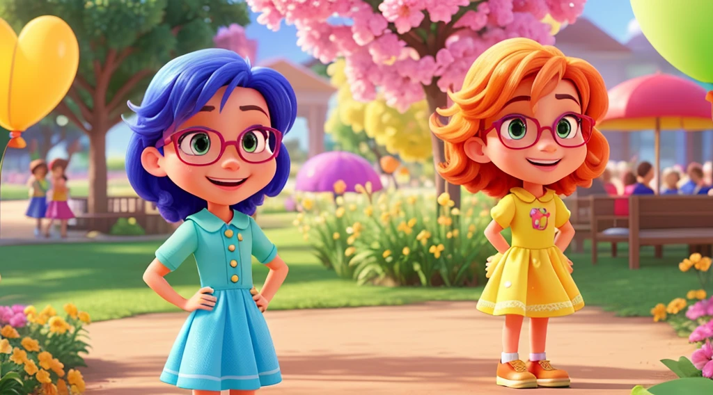 Create a vibrant and enchanting emotion illustration "cheerfulness" in a style reminiscent of Disney Pixar films. The character must be really cute, use glasses, should exude happiness and enthusiasm, with a friendly, colorful look that is appealing to both children and adults. Character characteristics: Facial expression: A cheerfulness deve ter um sorriso radiante, With bright and expressive eyes. Your eyebrows should be slightly arched upwards, conveying a sense of excitement and positivity. body posture: The character must have an energetic posture, maybe jumping or dancing, with arms open or raised in a gesture of celebration. Clothing & Accessories: Vista a cheerfulness com uma roupa alegre e colorida, talvez um vestido leve em tons de amarelo e orange. Small details like stars or butterflies can be added to emphasize lightness and happiness. Colors and Lighting: Use a bright, vivid color palette, like yellow, orange, light blue and green. Lighting should be soft and warm, giving a special shine to the character. context: scenario: Coloque a cheerfulness em um ambiente alegre e acolhedor. It could be a field of colorful flowers, an amusement park or a clear sky with floating balloons. The setting should complement the character’s positive energy. artwork style: detalhamento: Maintain Disney Pixar&#39;s signature detailed, polished style, paying attention to small details in facial expressions, Costumes and scenery. animation: If possible, add a touch of movement to the image, like flowing hair or a swaying skirt, to convey a feeling of vivacity and joy.