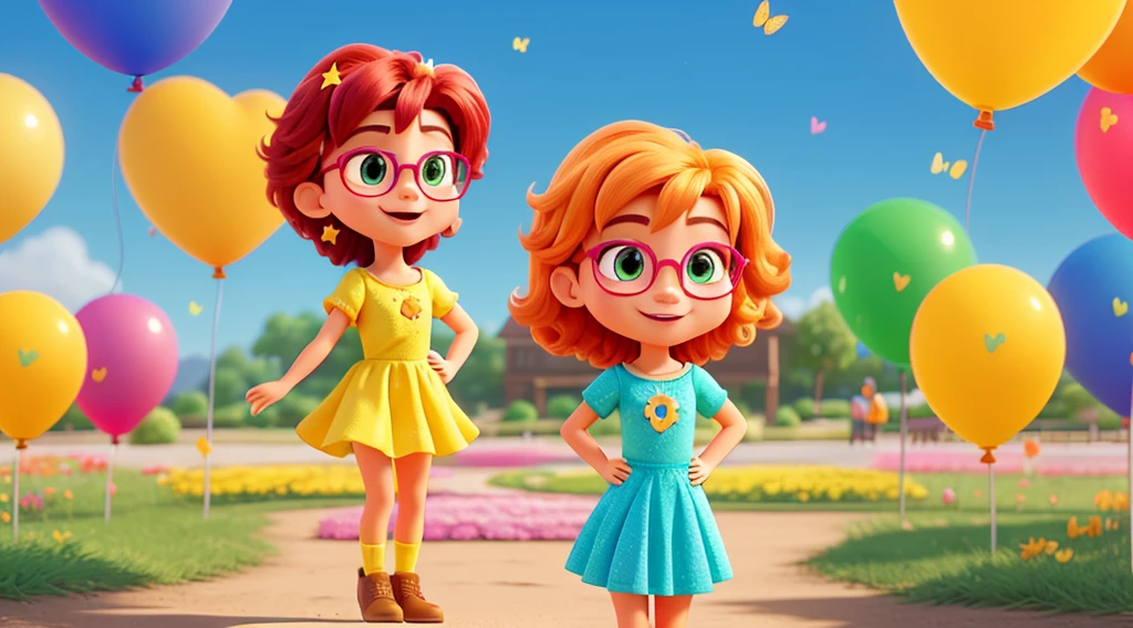 Create a vibrant and enchanting emotion illustration "cheerfulness" in a style reminiscent of Disney Pixar films. The character must be really cute, use glasses, should exude happiness and enthusiasm, with a friendly, colorful look that is appealing to both children and adults. Character characteristics: Facial expression: A cheerfulness deve ter um sorriso radiante, With bright and expressive eyes. Your eyebrows should be slightly arched upwards, conveying a sense of excitement and positivity. body posture: The character must have an energetic posture, maybe jumping or dancing, with arms open or raised in a gesture of celebration. Clothing & Accessories: Vista a cheerfulness com uma roupa alegre e colorida, talvez um vestido leve em tons de amarelo e orange. Small details like stars or butterflies can be added to emphasize lightness and happiness. Colors and Lighting: Use a bright, vivid color palette, like yellow, orange, light blue and green. Lighting should be soft and warm, giving a special shine to the character. context: scenario: Coloque a cheerfulness em um ambiente alegre e acolhedor. It could be a field of colorful flowers, an amusement park or a clear sky with floating balloons. The setting should complement the character’s positive energy. artwork style: detalhamento: Maintain Disney Pixar&#39;s signature detailed, polished style, paying attention to small details in facial expressions, Costumes and scenery. animation: If possible, add a touch of movement to the image, like flowing hair or a swaying skirt, to convey a feeling of vivacity and joy.
