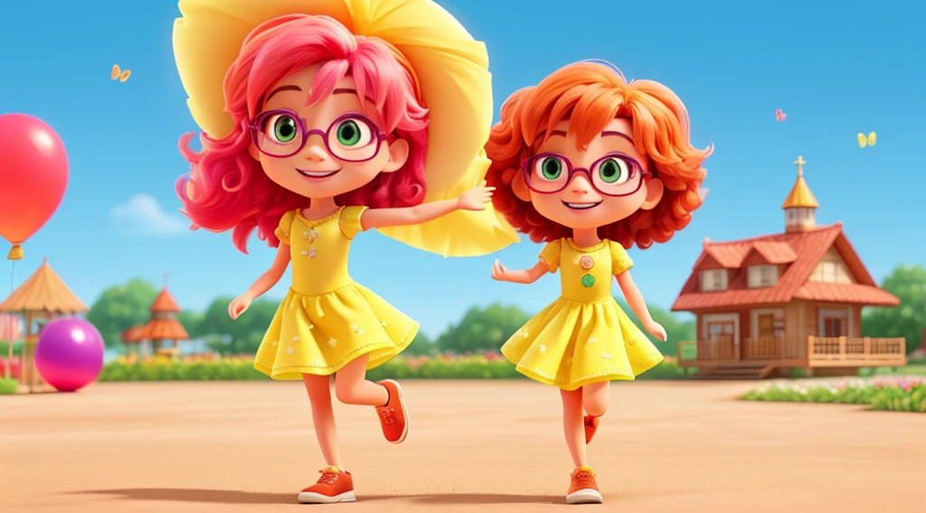 Create a vibrant and enchanting emotion illustration "cheerfulness" in a style reminiscent of Disney Pixar films. The character must be really cute, use glasses, should exude happiness and enthusiasm, with a friendly, colorful look that is appealing to both children and adults. Character characteristics: Facial expression: A cheerfulness deve ter um sorriso radiante, With bright and expressive eyes. Your eyebrows should be slightly arched upwards, conveying a sense of excitement and positivity. body posture: The character must have an energetic posture, maybe jumping or dancing, with arms open or raised in a gesture of celebration. Clothing & Accessories: Vista a cheerfulness com uma roupa alegre e colorida, talvez um vestido leve em tons de amarelo e orange. Small details like stars or butterflies can be added to emphasize lightness and happiness. Colors and Lighting: Use a bright, vivid color palette, like yellow, orange, light blue and green. Lighting should be soft and warm, giving a special shine to the character. context: scenario: Coloque a cheerfulness em um ambiente alegre e acolhedor. It could be a field of colorful flowers, an amusement park or a clear sky with floating balloons. The setting should complement the character’s positive energy. artwork style: detalhamento: Maintain Disney Pixar&#39;s signature detailed, polished style, paying attention to small details in facial expressions, Costumes and scenery. animation: If possible, add a touch of movement to the image, like flowing hair or a swaying skirt, to convey a feeling of vivacity and joy.