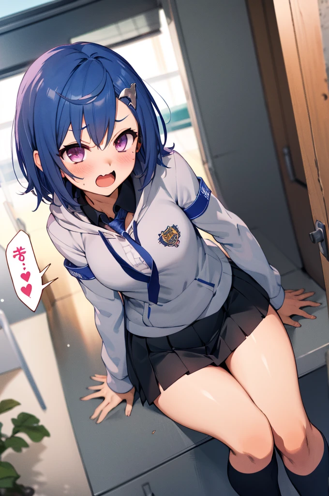 masterpiece, best quality, highres, 1girl, solo, grey hoodie, fang, blue hair, skin fang, blazer, short hair, white jacket, (mole on thigh:0.8), bangs, black skirt, hair behind ear, black socks, collared shirt, purple eyes, pleated skirt, armband, mole, hair ornament, open mouth, outdoors, smile, ,(spoken heart),blush,nsfw