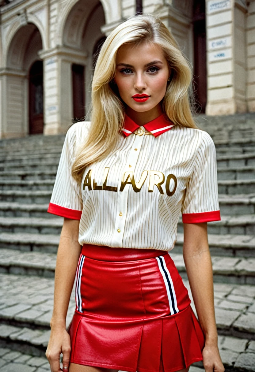 blonde, Ukraine, gold blouse with a white stripe on which ALVARO F is written., red mini skirt.