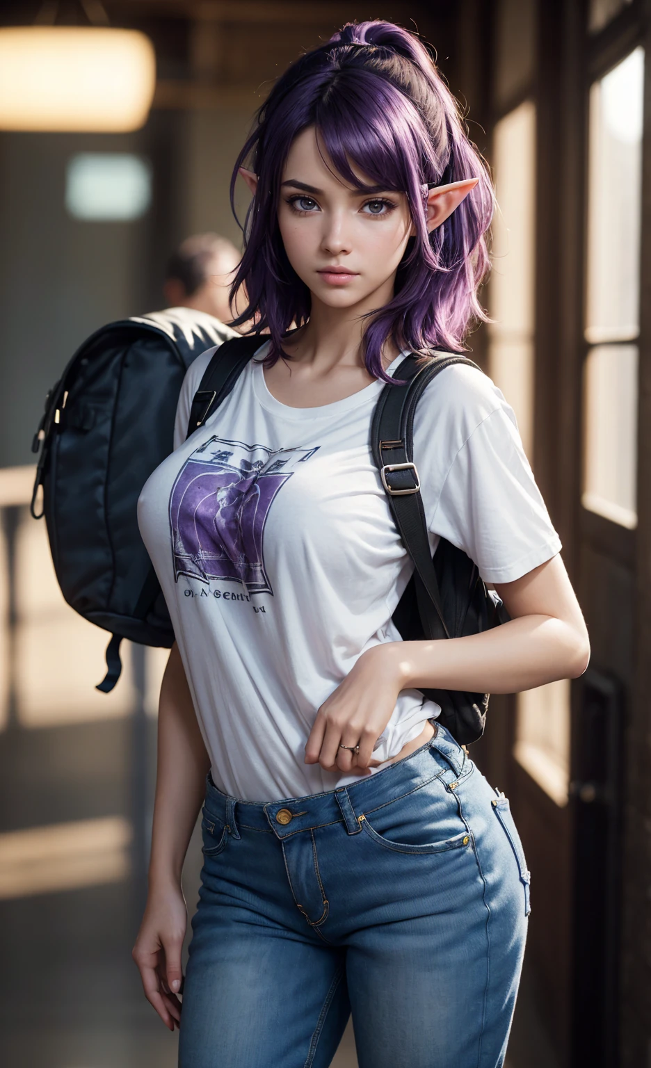 (masterpiece), (extremely intricate:1.3), (realistic), portrait of a girl, huge and perfect breasts, the most beautiful in the world, dark eyebrows, bright purple hair, short very shaggy and messy hair, almond eyes, embarrassed expression, blushing slightly, (oversized baggy band t-shirt), (baggy jeans), (backpack), elf ears, pale skin, detailed textures, upper body, indoors, bright sunlight, classroom hallway, professional photograph of a stunning woman detailed, looking at the camera, alluring stare, detailed eyes, sharp focus, dramatic, award winning, cinematic lighting, octane render  unreal engine,  volumetrics dtx, (film grain, blurry background, blurry foreground, bokeh, depth of field, motion blur:1.3)