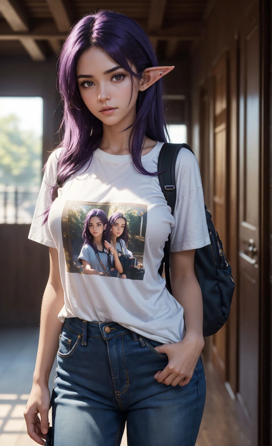 (masterpiece), (extremely intricate:1.3), (realistic), portrait of a girl, huge and perfect breasts, the most beautiful in the world, dark eyebrows, bright purple hair, short very shaggy and messy hair, almond eyes, embarrassed expression, blushing slightly, (oversized baggy band t-shirt), (baggy jeans), (backpack), elf ears, pale skin, detailed textures, upper body, indoors, bright sunlight, classroom hallway, professional photograph of a stunning woman detailed, looking at the camera, alluring stare, detailed eyes, sharp focus, dramatic, award winning, cinematic lighting, octane render unreal engine, volumetrics dtx, (film grain, blurry background, blurry foreground, bokeh, depth of field, motion blur:1.3)